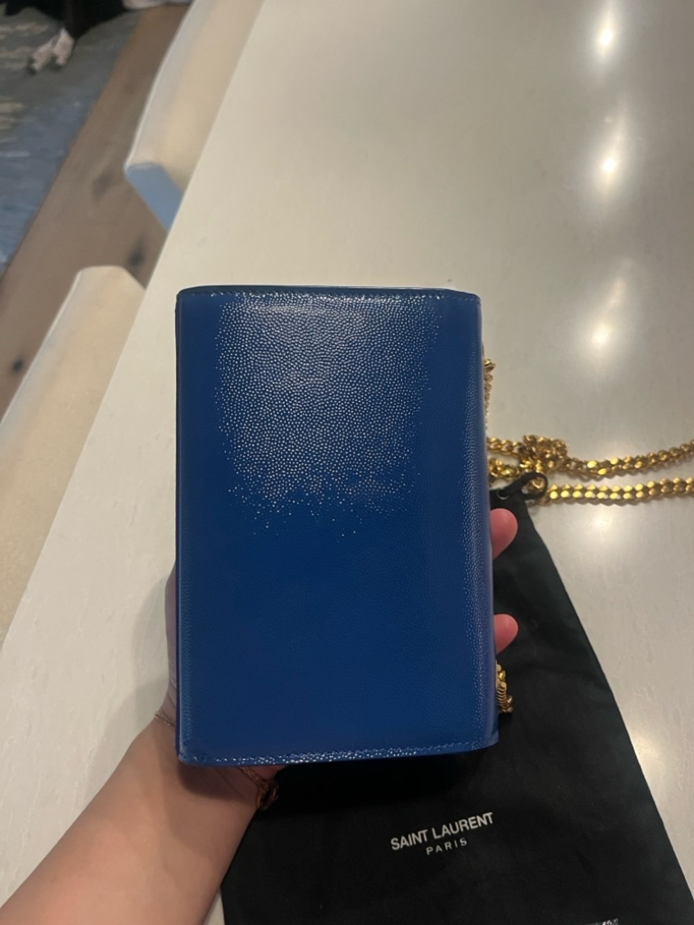 Saint Laurent YSL Bleu Majorelle Blue Patent Leather Monogram Chain Bag Clutch - Picture 3 of 9